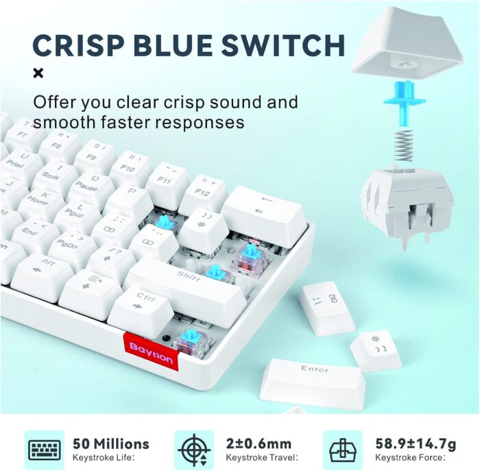 Baytion Mechanical Gaming Keyboard, 61 Keys Ultral Compact Wired Keyboard with Blue Switches and RGB Backlit for iOS, Android and Windows, White - Image 3