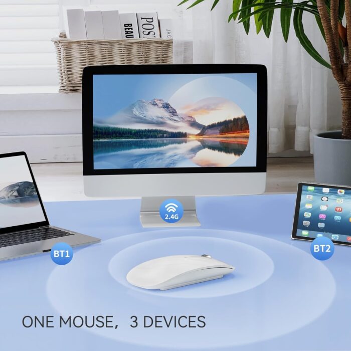 Bluetooth Mouse, Rechargeable Wireless Mouse, Silent Tri-Mode Wireless Mouse (Dual Bluetooth 5.1 + 2.4 GHz) with USB Receiver for Laptop/iPad/PC/Mac,White - Image 3