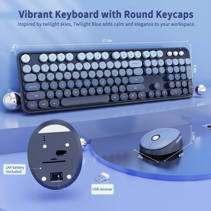 Nowlike Wireless Keyboard and Mouse Set, Full-Size Typewriter Keyboard with Retro Round Keycaps, Ergonomic Design, Compatible with Windows PCs, Ideal for Home and Office. (Blue) - Image 6