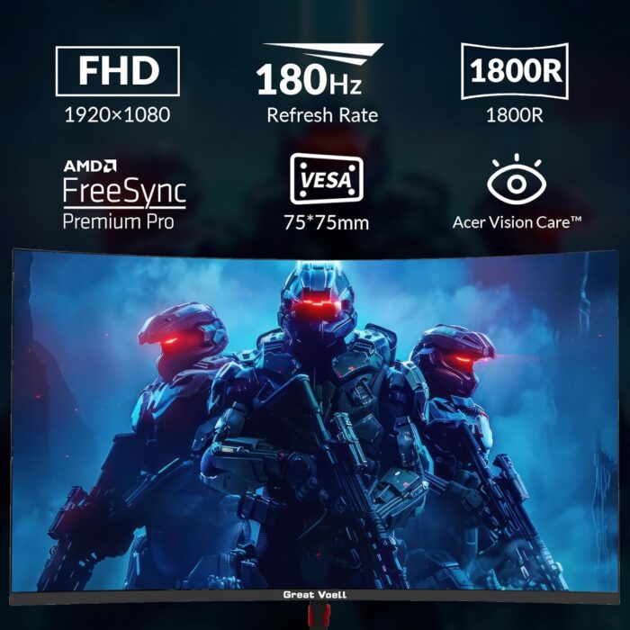 24 Inch Curved Gaming Monitor, 180Hz/144Hz FHD 1080P, 120% sRGB, 1ms, AMD FreeSync, Low Motion Blur, VESA Wall Mount, HDMI 1.4 & DP 1.2 – Black - Image 2