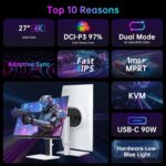 KTC 27 Inch 4K Gaming Monitor, Dual Mode UHD 160Hz & FHD 300Hz, Fast IPS, HDR 400, Adaptive Sync, HDMI 2.1 & DP 1.4, 90W Type-C, Height Vertical Adjustment PC Monitor, VESA, KVM Support, H27P6 - Image 9