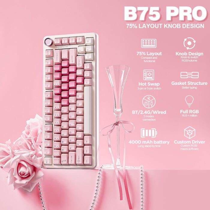 YUNZII B75 PRO Wireless Mechanical Keyboard,75% Gaming Keyboard Gasket Hot Swap Custom Keyboard with Knob,Pre-lubed Switches RGB,Bluetooth/Type-C/2.4G (Pink, Milk Switch) - Image 2