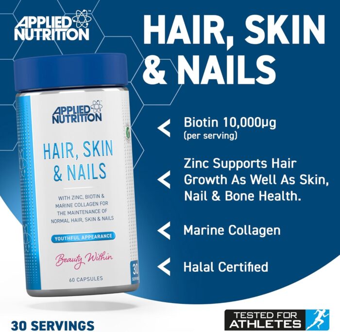 Applied Nutrition Biotin & Marine Collagen for Healthy Hair Growth, Skin & Nails Supplement with 10000 mcg Biotin - Vitamin B7, Zinc, Ashwagandha and Vitamin Blend (60 Capsules - 30 Servings) - Image 3