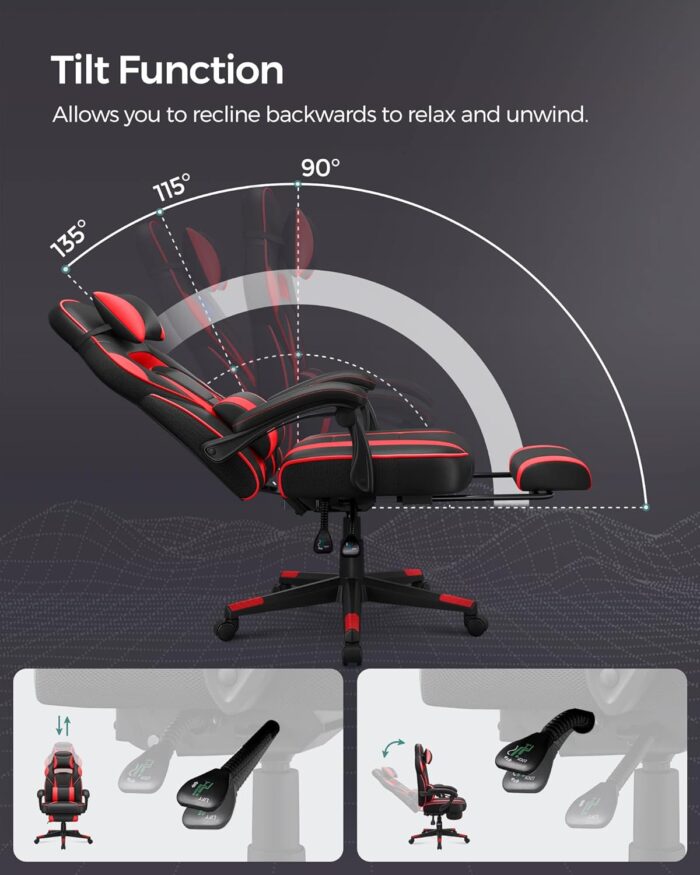 Songmics Racing Gaming Chair, Adjustable Office Chair With Footrest, Ergonomic Design, Tilt Mechanism, Headrest, Lumbar Support, 150 Kg Weight Capacity, Black And Red Obg73Brv1 - Image 4
