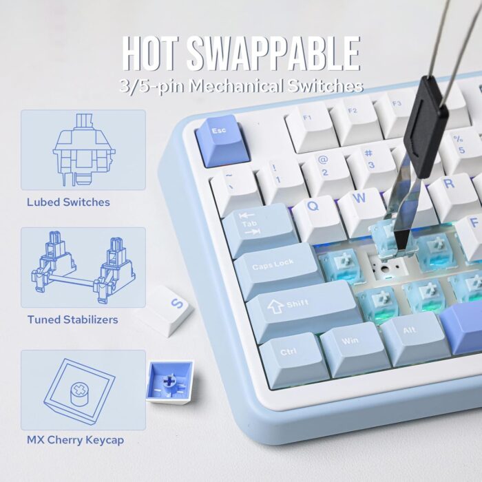 EPOMAKER TH99 Tri-Mode Wireless Mechanical Keyboard with 8000mAh Battery, Hot Swappable Custom RGB Gaming Keyboard with Numpad, Gasket Creamy for PC/Mac/Office(Blue&White) - Image 7