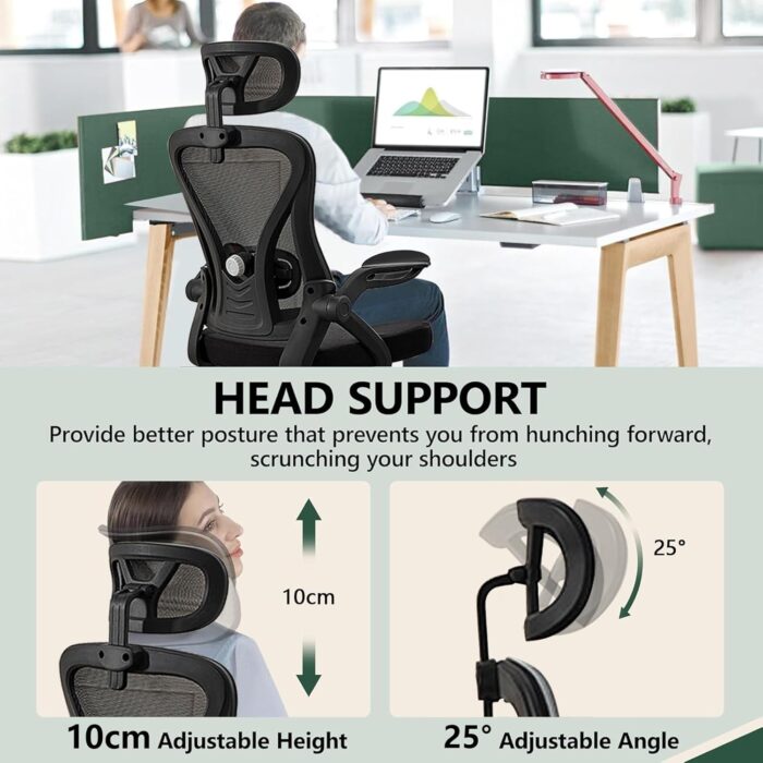 Ergonomic Office Chair, Computer Desk Chair, Mesh Rolling Work Chairs with Wheels and Adjustable Headrests, Comfortable Lumbar Support Gaming Chair, Comfy Flip-up Arms for Home,Bedroom,Study, Black - Image 6