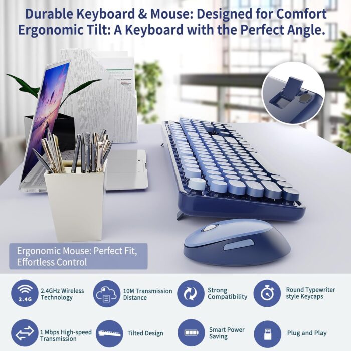 Nowlike Wireless Keyboard and Mouse Set, Full-Size Typewriter Keyboard with Retro Round Keycaps, Ergonomic Design, Compatible with Windows PCs, Ideal for Home and Office. (Blue) - Image 5