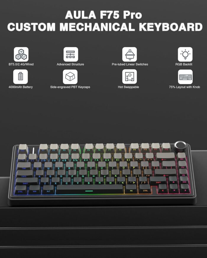 AULA F75 Gasket Mechanical Keyboard, 75% Wireless Hot Swappable Gaming Keyboard with Five-Layer Padding&Knob, Bluetooth/2.4GHz/USB-C, RGB Light. (Black) - Image 2