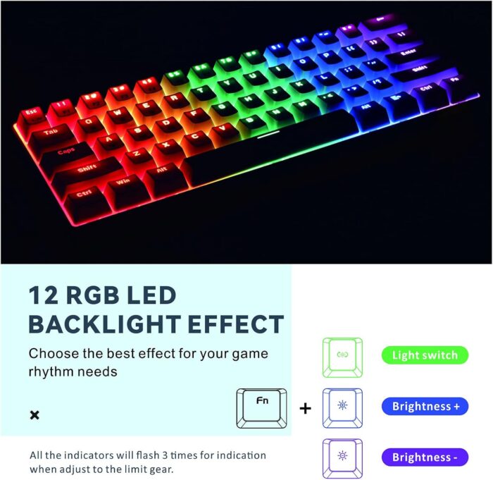 Baytion Mechanical Gaming Keyboard, 61 Keys Ultral Compact Wired Keyboard with Blue Switches and RGB Backlit for iOS, Android and Windows, White - Image 5