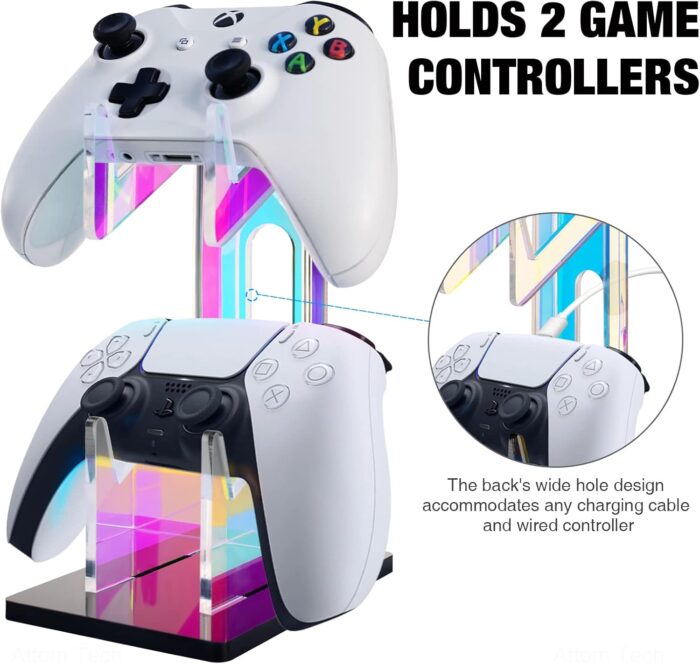 NiHome Iridescent Acrylic 2-Tier Universal Game Controller Headset Holder Stand for PS5 Xbox ONE Switch Colorful Controller Stand Gaming Accessories Anti-Slip Stable Acrylic Clear Headphone Holder - Image 4
