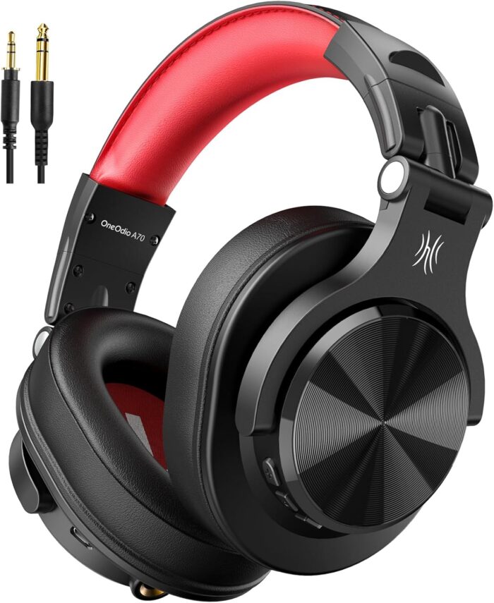 OneOdio A70 Bluetooth Over Ear Headphones, Wireless Headphones w/ 72H Playtime, Hi-Res, 3.5mm/6.35mm Wired Audio Jack for Studio Monitor & Mixing DJ Guitar AMP, Computer Laptop PC Tablet – Red