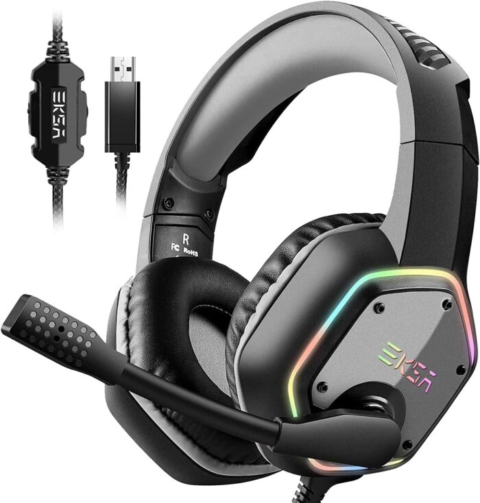 EKSA USB Gaming Headset for PC – Computer Headphones with 7.1 Surround Sound Stereo Noise Canceling Mic/Microphone RGB Light – Gaming Headphones for PS4/PS5 Console Laptop, Wired