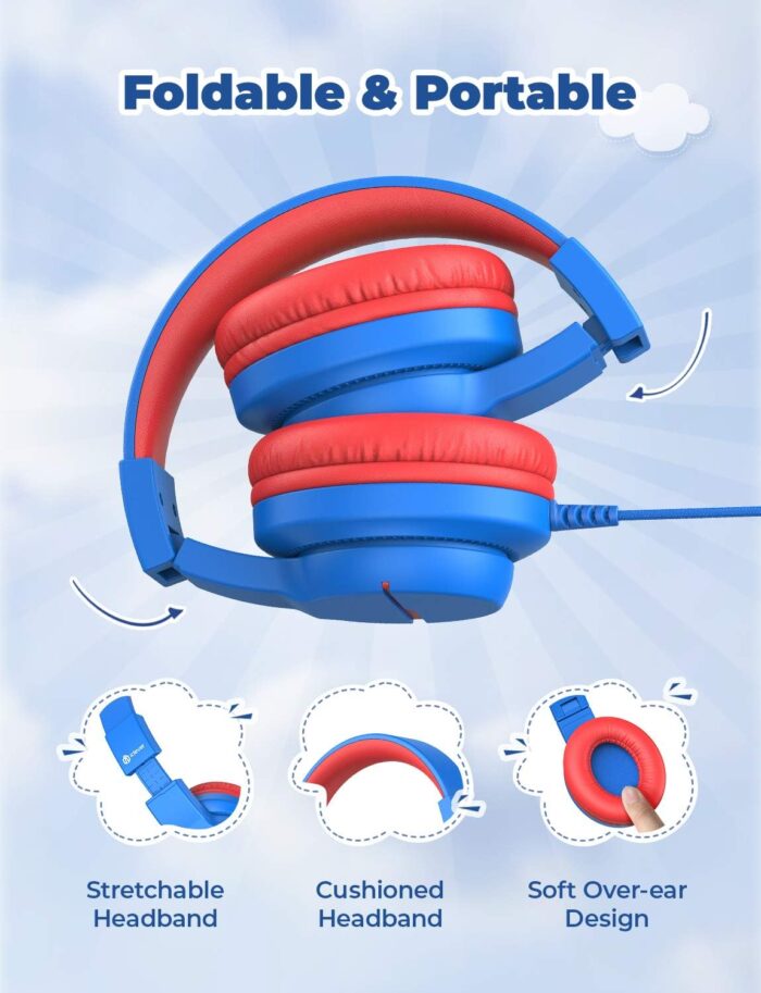iClever Kids Headphones with Microphone for School, Volume Limiter 74/85dBA, Over-Ear Boys Headphones for Kids with Shareport, Wired Headphones for iPad/Fire Tablet, Blue - Image 6