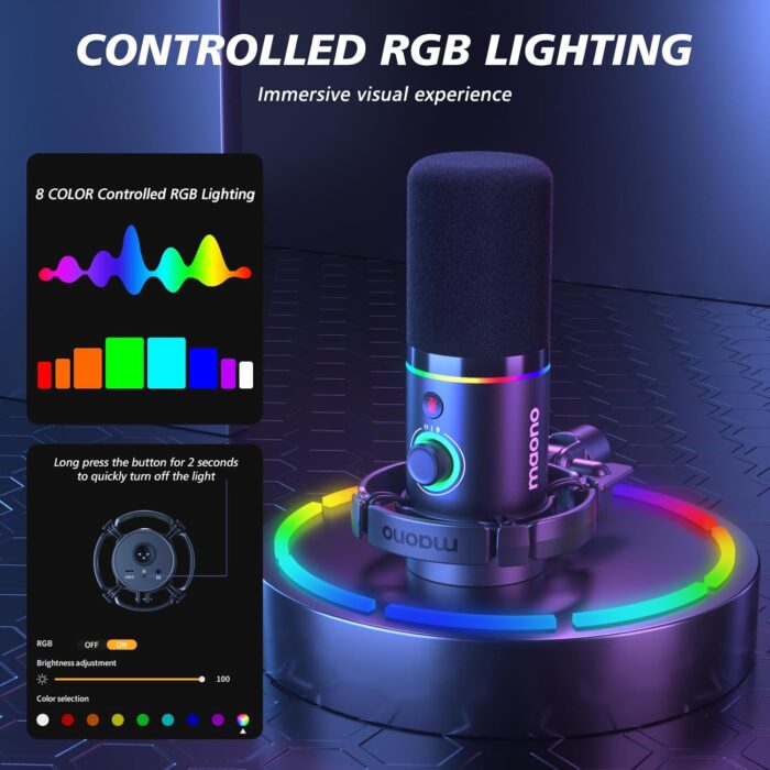 MAONO XLR/USB Dynamic Microphone Kit, RGB Podcast Mic with Software, Mute, Gain Knob, Volume Control, Boom Arm for Streaming, Gaming, Voice-Over, Recording-PD200XS Black - Image 4