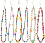 Wawasia Smiley Face Beaded Phone Lanyard, Mobile Phone Charm Wrist Strap, Fruit Star Letter Pearl Handmade Rainbow Polymer Clay Acrylic Beads Pearl Bracelet Keychain for Girls Women, 6 PCS