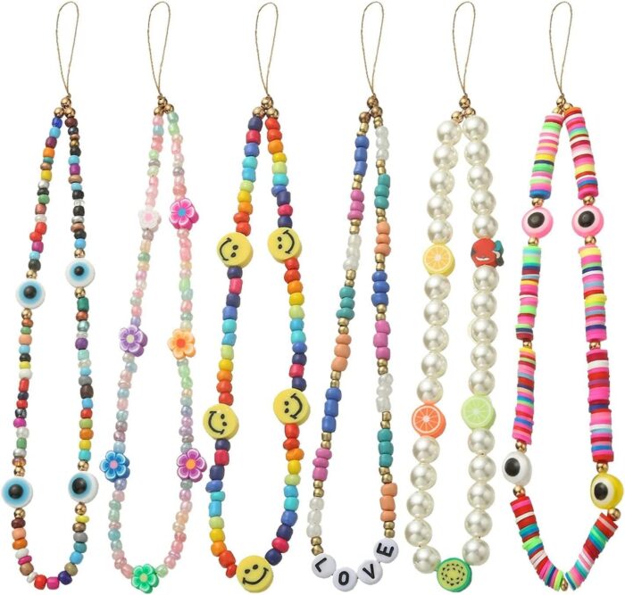 Wawasia Smiley Face Beaded Phone Lanyard, Mobile Phone Charm Wrist Strap, Fruit Star Letter Pearl Handmade Rainbow Polymer Clay Acrylic Beads Pearl Bracelet Keychain for Girls Women, 6 PCS