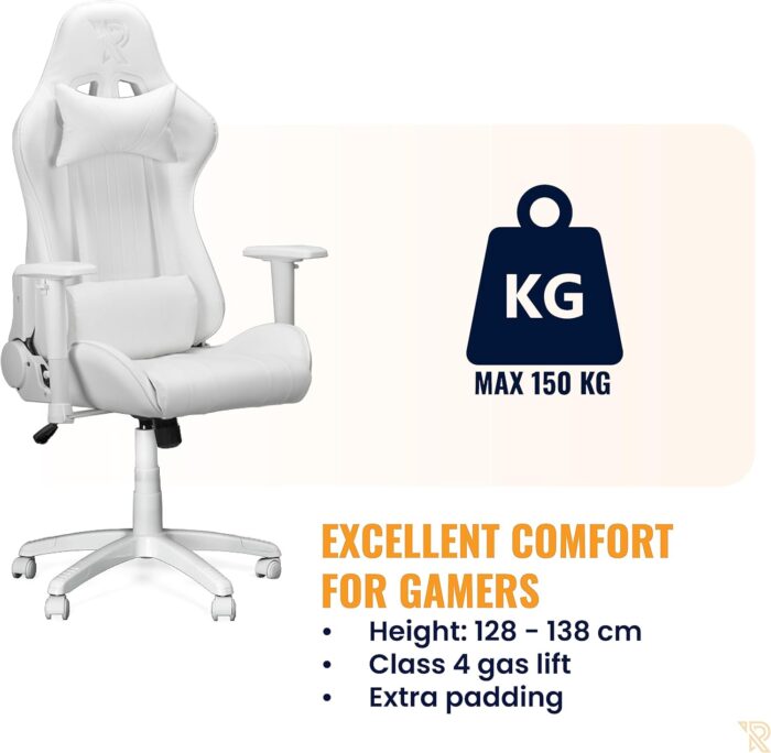 Ranqer Felix Gaming Chair – Ergonomic Office Chair with Armrests, Adjustable Backrest and Cushions, Metal Support and Stable Nylon Base, Set-up Gaming and Productivity – White - Image 8