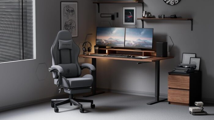 Dowinx Gaming Chair Fabric with Pocket Spring Cushion, Massage Game Chair Cloth with Headrest, Ergonomic Computer Chair with Footrest 290LBS, Black and Grey - Image 2