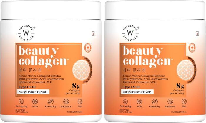 WELLBEING NUTRITION Beauty Korean Marine Collagen Peptides with Hyaluronic Acid, Rosehip, Astaxanthin, Biotin & Vitamins C & E for Hair, Nails, Skin Radiance & Anti-Aging | Mango Peach Flavor - 250g - Image 9