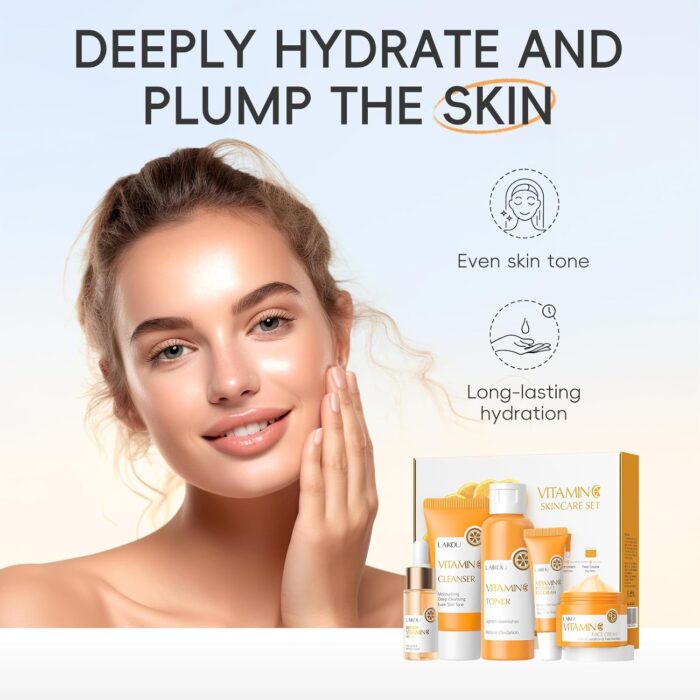LAIKOU Vitamin C Skin Care Set, 5 Pcs Skincare Kit for Women, with Vitamin C Serum for Face Toner Eye Cream Face Cream Cleanser, Skin Care Gift Set for Women Teenage Girls Mom Daughter - Image 2