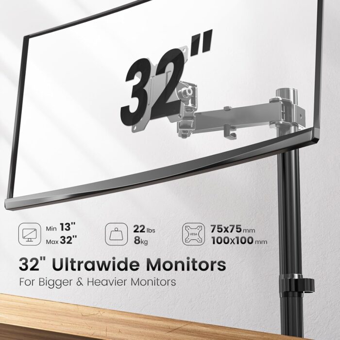 HEYMIX LIFE Single Monitor Arm -Single Monitor Stand With Extention Arm,Ergonomic Vesa Mount Arm For 13-32" Gaming Screen Up To 8Kgs,Vesa Mount Stand 75Mm/100Mm,C-Clamp & Grommet 2-Way Assembling - Image 2