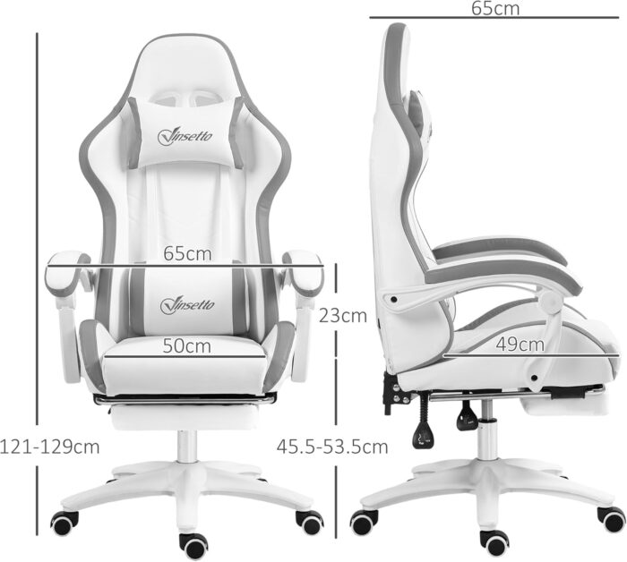 Vinsetto Racing Gaming Chair, Reclining PU Leather Computer Chair with 360 Degree Swivel Seat, Footrest, Removable Headrest and Lumber Support, White and Grey - Image 3