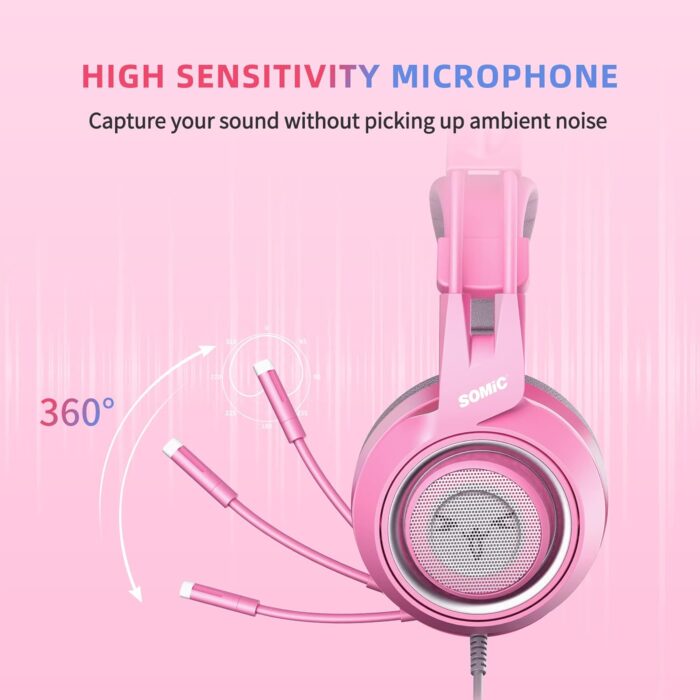SOMIC G951s Pink Stereo Gaming Headset with Mic for PS4,Xbox,PC,Mobile Phone,3.5mm Noise Reduction Cat Ear Headphones Lightweight Over Ear Headphones for Girls - Image 3