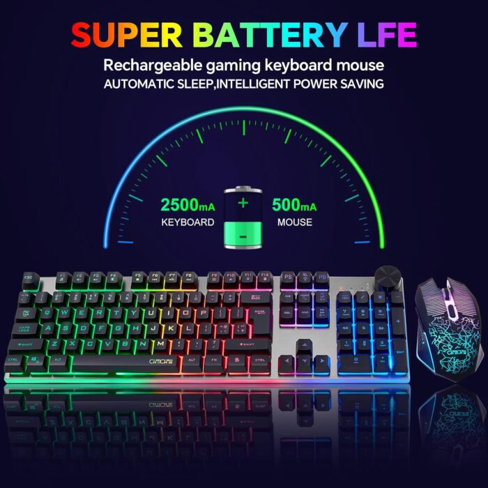 Wireless Gaming Keyboard with knob and Mouse Combo USB Dongle 2.4G Rechargeable 3000mAH Battery RGB Backlit Stainless Panel 4200DPI Side Button Mice for PC Laptop compatible with Windows 8/9/10 MacOS - Image 5