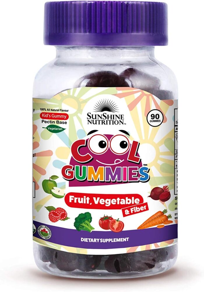 Sunshine Nutrition Cool Gummies Fruit Vegetable & Fiber For Kids, 90 Gummies | No Sugar Coating | Vegan | Black Currant Flavor