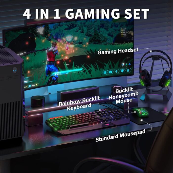 AULA Gaming Keyboard Mouse Headset and Mousepad Combo, RGB LED Backlit Gaming Keyboard Bundle, USB Wired Keyboards Combo for PC Gamer, Xbox, PS4 Users - Image 2