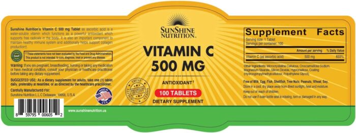 Sunshine Nutrition Vitamin C 500Mg, 100 Tablets | Antioxidant | Gluten Free | Dietary Supplement - Image 3