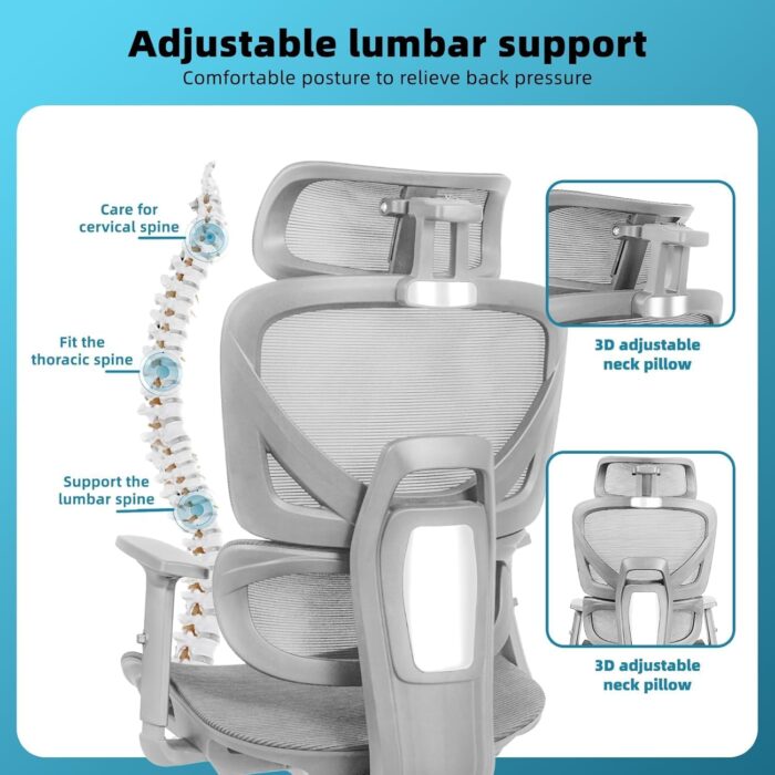Office Chair Computer Chair Ergonomic High Back Gaming Chairs Reclining & Height Adjustable Computer Chair with Neck and Massage Lumbar Support, Comfortable Armrest Headrest (Grey) - Image 5