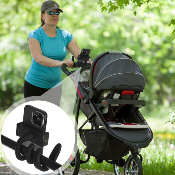 Amylove 2 Pcs Stroller Phone Holder Portable Cell Phone Holder Stand Universal Stroller Accessories for Parent Baby Toddler Phone Clamp with Non Slip Silicone Arm Grip for Shopping Carts (Black, Grey) - Image 4