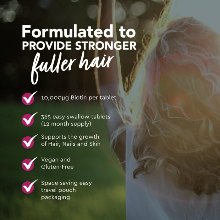 Biotin Hair Growth Supplement - 1 Year Supply High Strength Biotin 10,000mcg Per Tablet, Hair Skin and Nails Vitamins for Women & Men, 365 Vegan Biotin Tablets - Easy to Swallow UK Made Hair Vitamins - Image 2