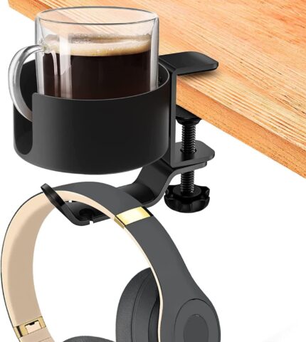 MIKUER 2 in 1 Headphone Stand with Desk Cup Holder,360 Degree Rotation Headset Hanger,Table Headphone Stand with Cable Organizer, Anti Spill Cup Holder Gaming Headset Clamp Black