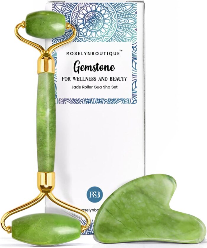 ROSELYNBOUTIQUE Gua Sha & Jade Roller for Face Set Self Care Gifts for Women – Facial Skin Care Tools Muscle Roller Massager Relaxing Relieve Wrinkles – Natural Healing Crystal Stone