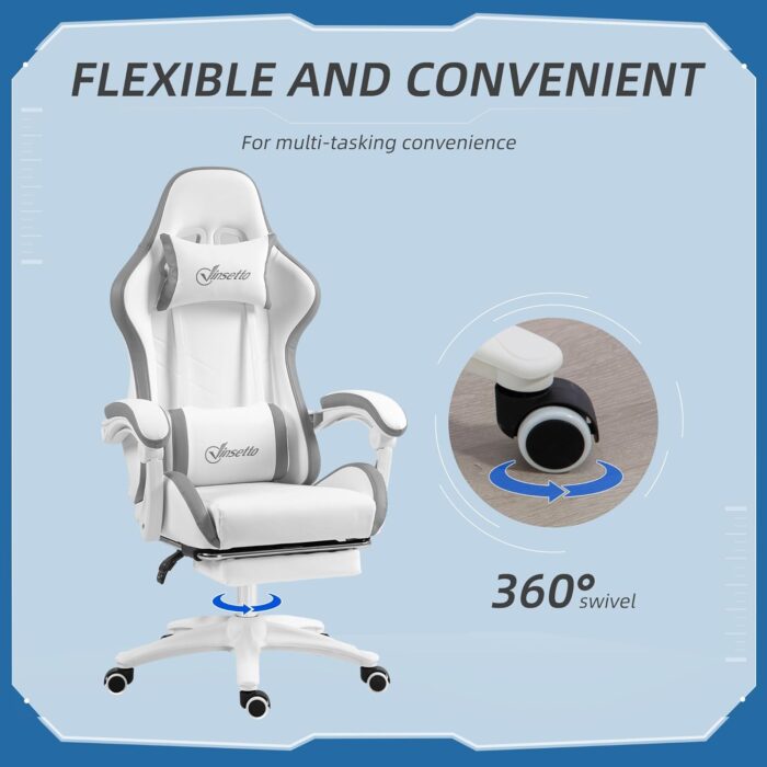 Vinsetto Racing Gaming Chair, Reclining PU Leather Computer Chair with 360 Degree Swivel Seat, Footrest, Removable Headrest and Lumber Support, White and Grey - Image 6