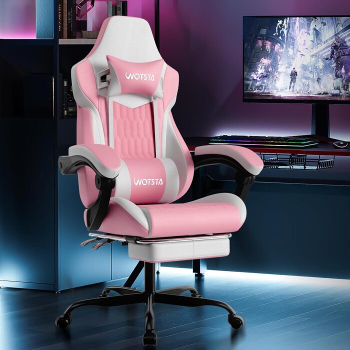 Gaming Chair, Ergonomic Gaming Chair with Footrest and Lumbar Support, Computer Chairs, Height Adjustable Computer Racing Gamer Chairs for Gaming or Office, Pink White - Image 2