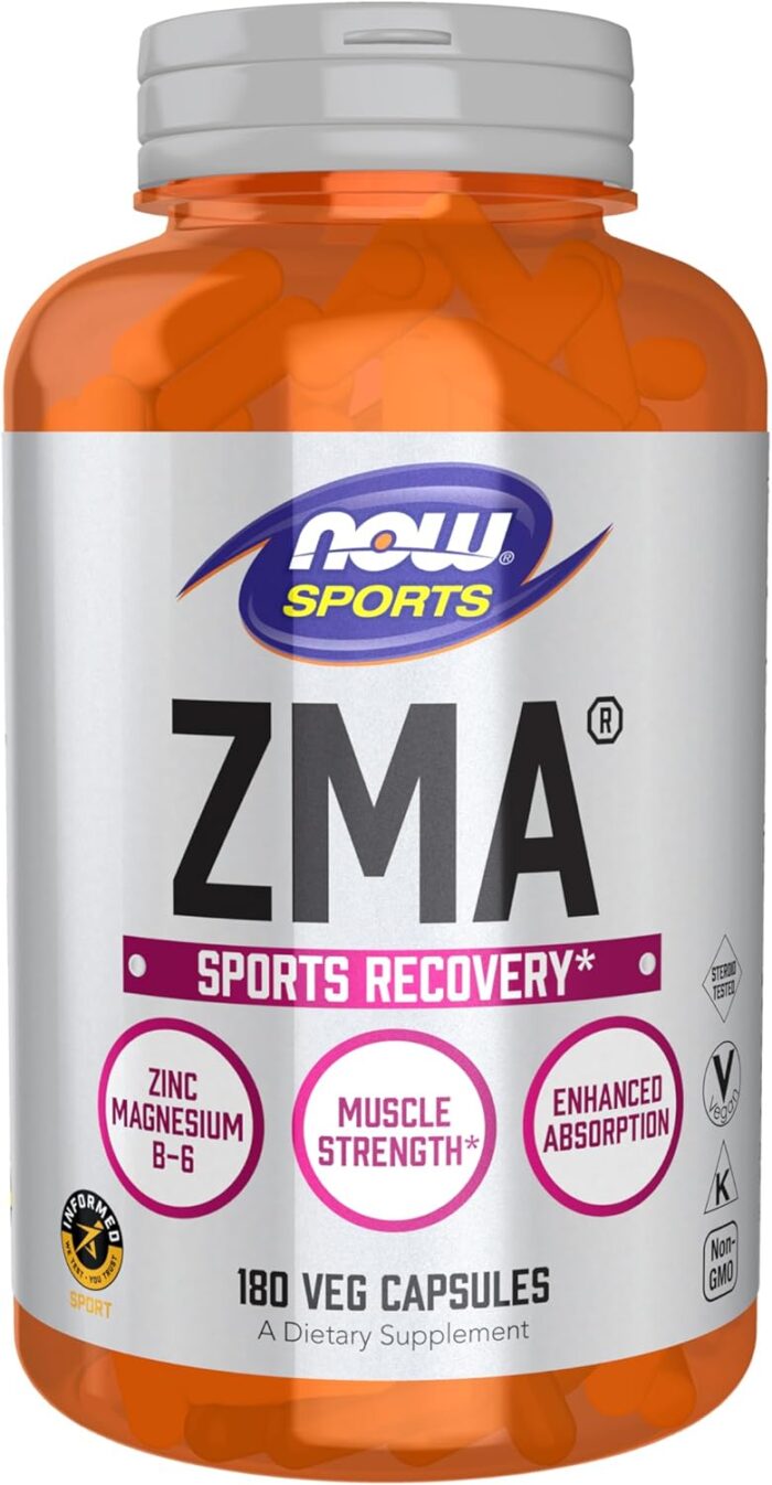 NOW Sports Nutrition, ZMA (Zinc, Magnesium and Vitamin B-6), Enhanced Absorption, Sports Recovery*, 180 Veg Capsules