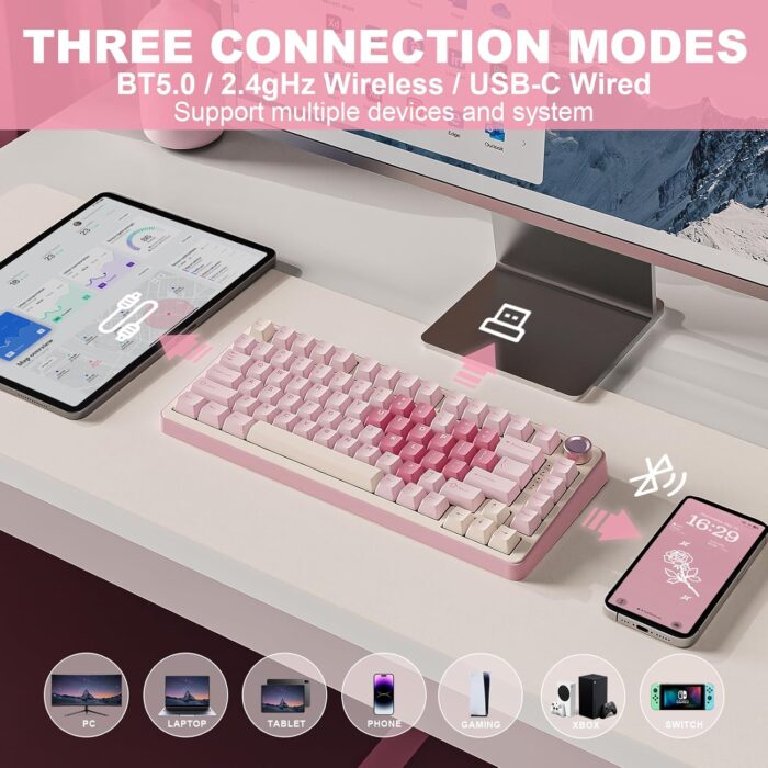 YUNZII B75 PRO Wireless Mechanical Keyboard,75% Gaming Keyboard Gasket Hot Swap Custom Keyboard with Knob,Pre-lubed Switches RGB,Bluetooth/Type-C/2.4G (Pink, Milk Switch) - Image 3