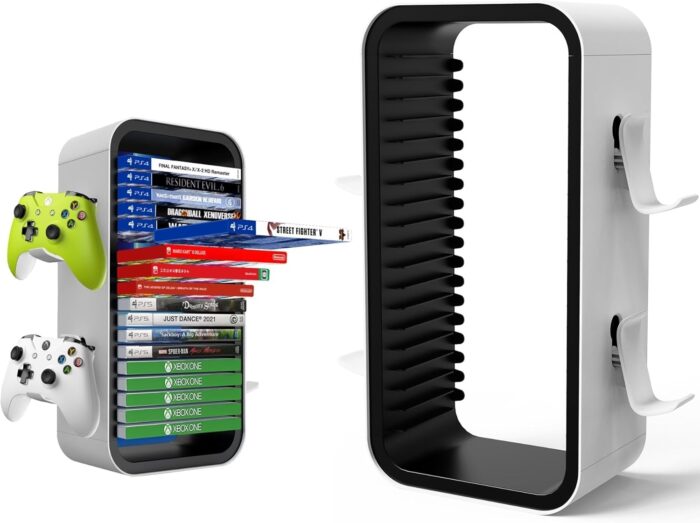BGGCHEECA OYO-1【15.8INCH】 game Storage Tower Compatible with PS5/ Xbox Series S & X/ Switch, Universal Video Games Discs Organizers 18 PCS with 4 Controllers Holder, Game Disk Box Stand.(White/Black)