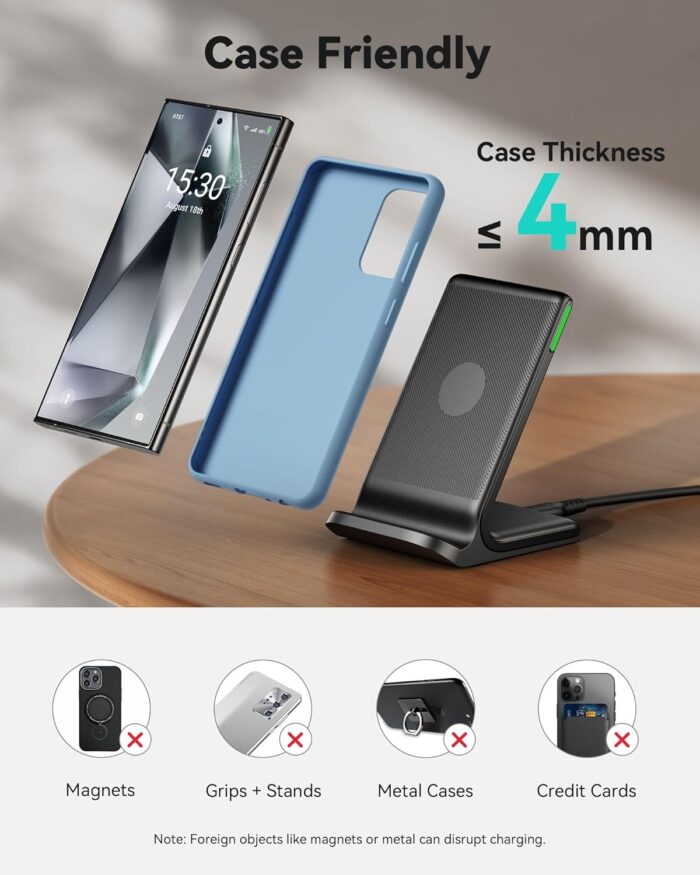 INIU Wireless Charger Stand, 15W Qi Certified Fast Wireless Charging Station with Sleep-Friendly Adaptive Light for iPhone 16 15 14 13 Pro XS 8 Plus Samsung Galaxy S25 S24 S23 Note 20 Google etc. - Image 5