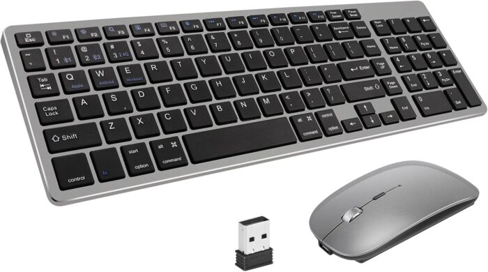 Wireless Keyboard and Mouse Combo-Bluetooth & 2.4G Connection,Silent and Ultra-thin Design,Stylish Metallic Look,Compatible Android/iOS/Windows,Keyboard and Mouse Set for Office Home (36.6X11.9)