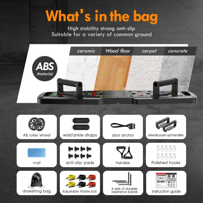 Push Up Board,Home Gym,Portable Exercise Equipment,Pilates Bar & 20 Fitness Accessories with Resistance Bands & Ab Roller Wheel,Full Body Workout at Home - Image 4