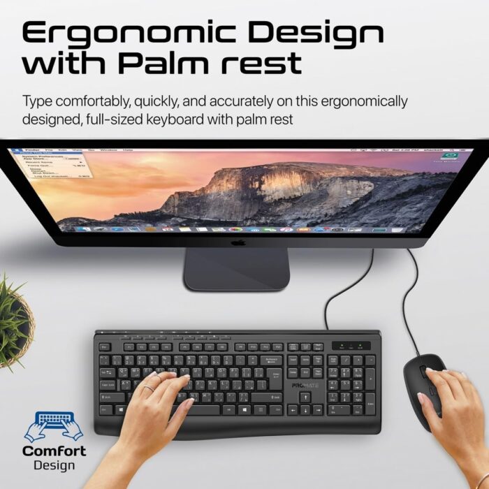 Promate Wired Keyboard and Mouse Combo, Ergonomic Slim Full-Size Quiet Keyboard, 2400 DPI Ambidextrous Mouse, Spill-Resistance, Media Keys, Plug and Play for iMac, MacBook Pro, Dell, Combo-CM4 - EN/AR - Image 4