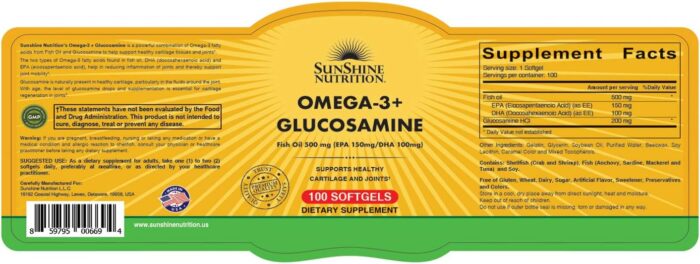 Sunshine Nutrition Omega 3+ Glucosamine, 100 Softgels | With Fish Oil 500Mg | Epa 150 Mg/DHA 100Mg | Gluten Free - Image 2