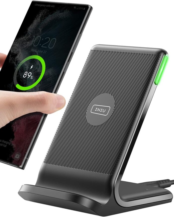 INIU Wireless Charger Stand, 15W Qi Certified Fast Wireless Charging Station with Sleep-Friendly Adaptive Light for iPhone 16 15 14 13 Pro XS 8 Plus Samsung Galaxy S25 S24 S23 Note 20 Google etc.