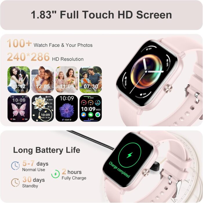 Smart Watch for Women(Answer/Make Call), 1.83" HD Touch Screen Fitness tracker with Heart Rate SpO2 Sleep Monitor,100+ Sport Modes, IP68 Waterproof Smartwatch compatible with iOS & Android, Pink - Image 3