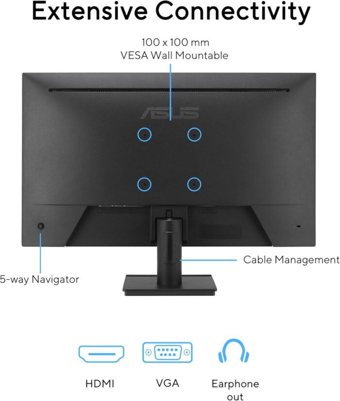 ASUS VA279HG Eye Care Gaming Monitor: 27-inch, IPS, Full HD, 99% sRGB, Frameless, 120Hz, Adaptive-Sync, 1ms MPRT, HDMI, VGA, Low Blue Light, Flicker Free, Wall Mountable - Black - Image 6