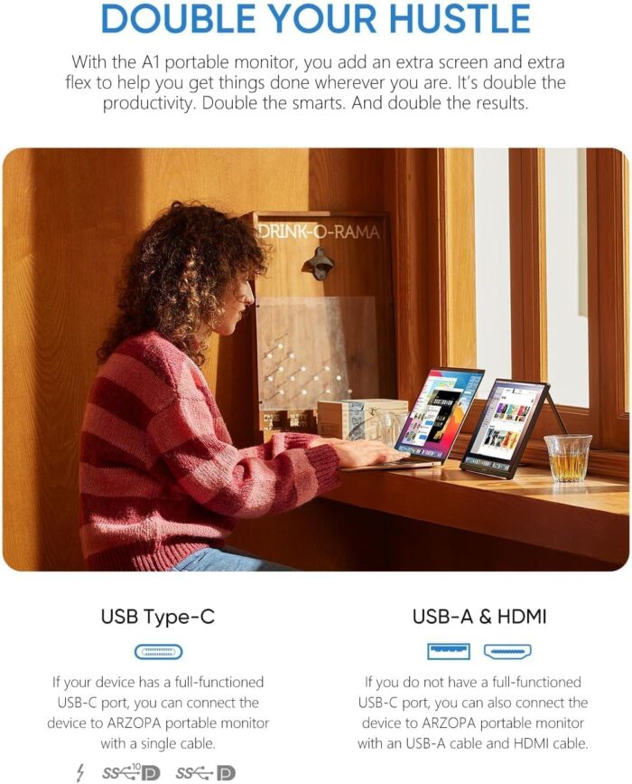 ARZOPA Portable Monitor 15.6'' FHD 1080P - Ultra-Slim Portable Laptop Monitor with Kickstand - IPS Display for PC, MAC, Phone, Xbox, PS5 - USB C & HDMI Connectivity - A1 - Image 2